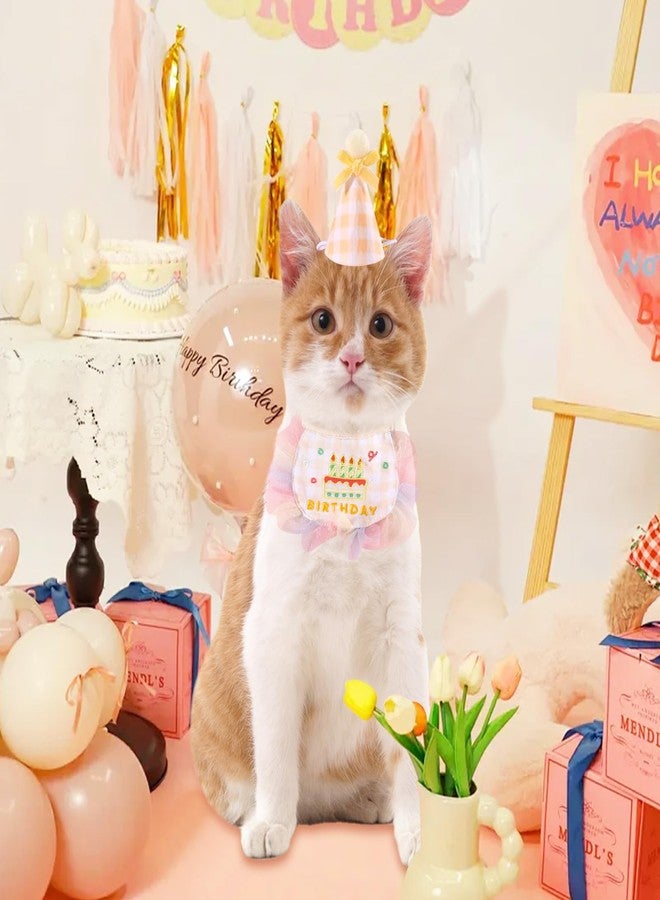 Kunyeah 2Pcs Pet Happy Birthday Hat Scarf Set - Cute Embroidered Cat Bandana Outfit - Cat Plaid Pattern Princess Costumes - Dog Lace Bib - Pet Party Supplies Decoration (Yellow) - Image 5